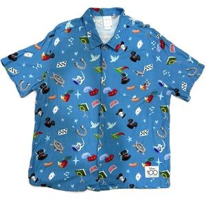 Disney 100 Shirt Mens XL Blue Button Up Short Sleeve Allover Print Our Universe